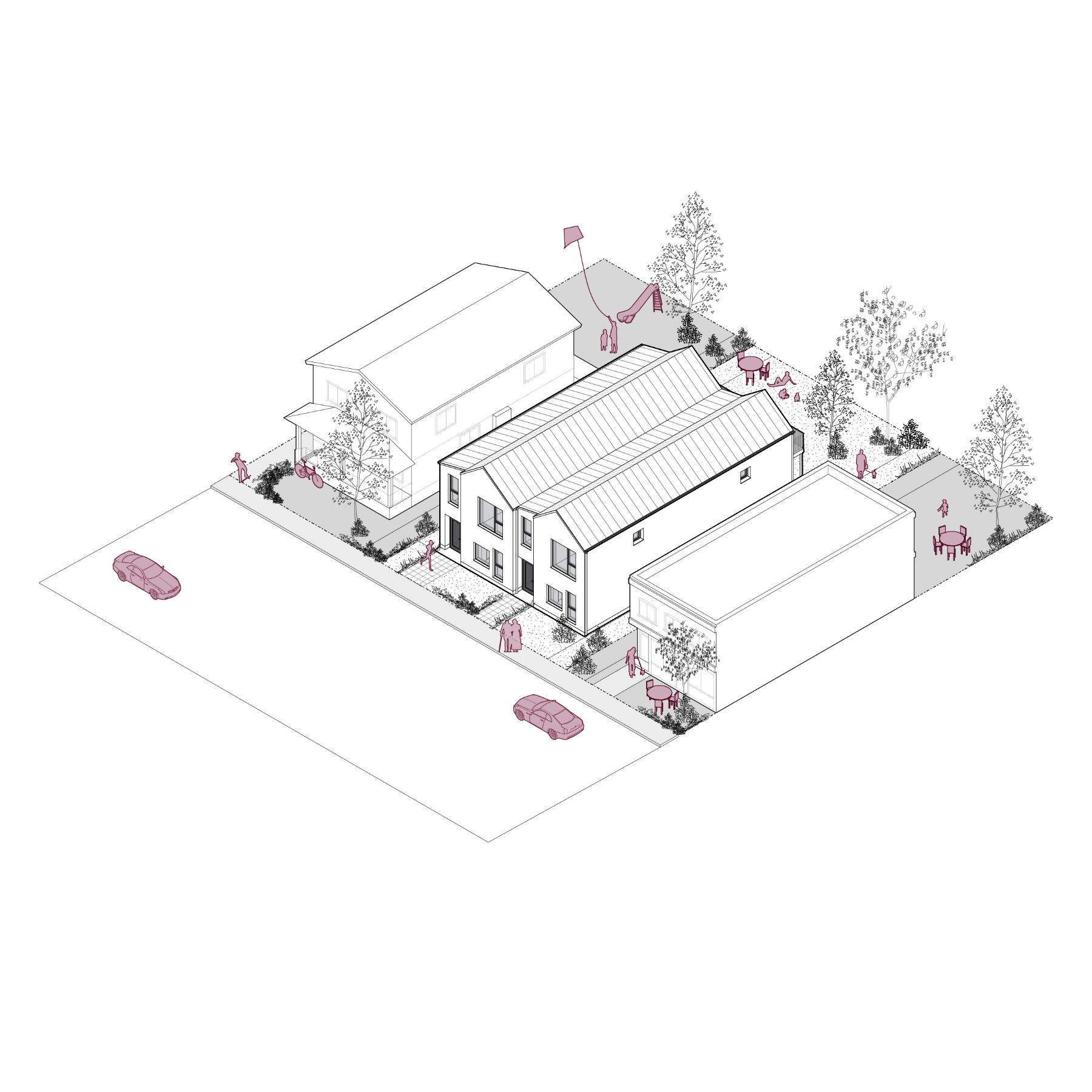 A 3D line rendering of a two storey fourplex, covering approximately 207.1 sq. m (2,229 sq. ft.). The image shows the building’s integration within a neighbourhood, surrounded by sidewalks, trees, parked cars, and adjacent structures. 